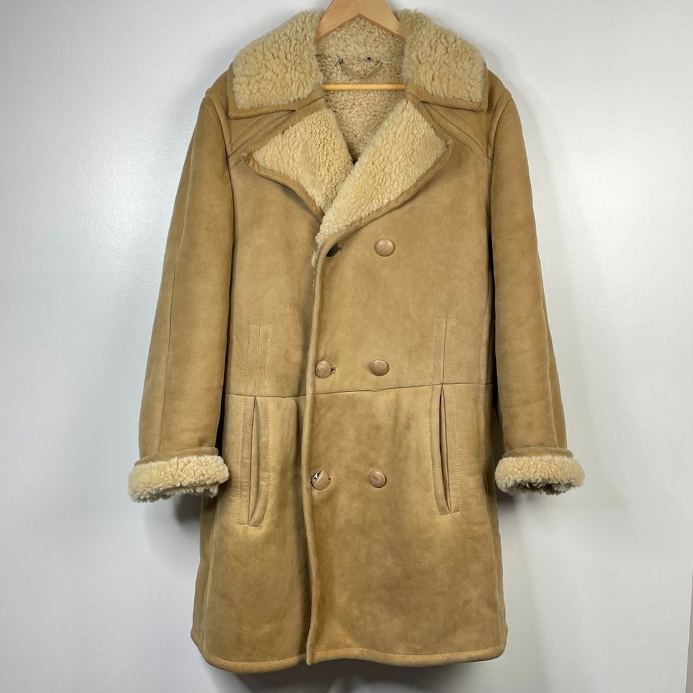 Vintage Tan Shearling Pea Coat with Cream Lining
